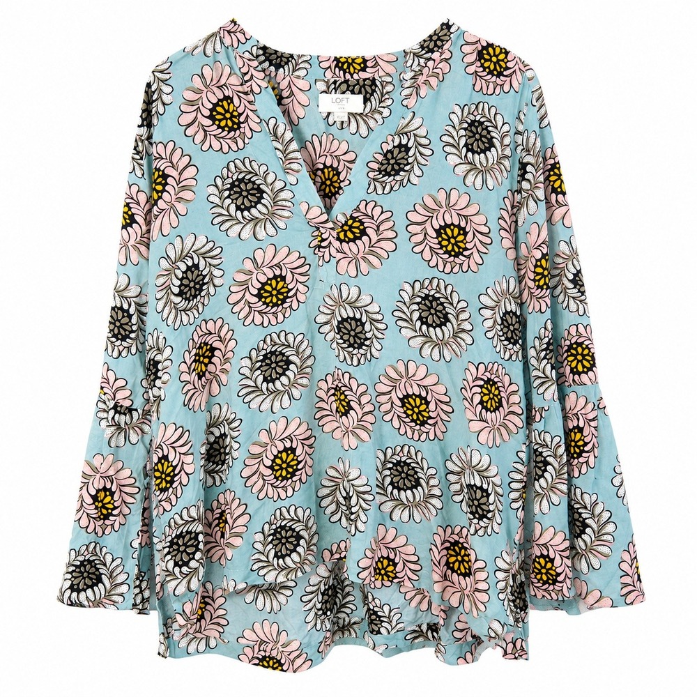 Loft Outlet Floral Blouse Women LP Blue Pink Bell Sleeve Boho Cottagecore Top